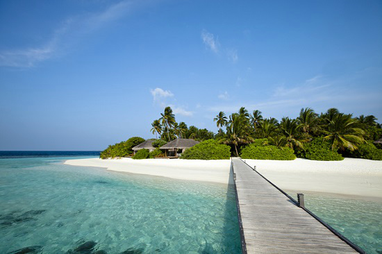 A wood pontoon access to paradise beach of a tropical island